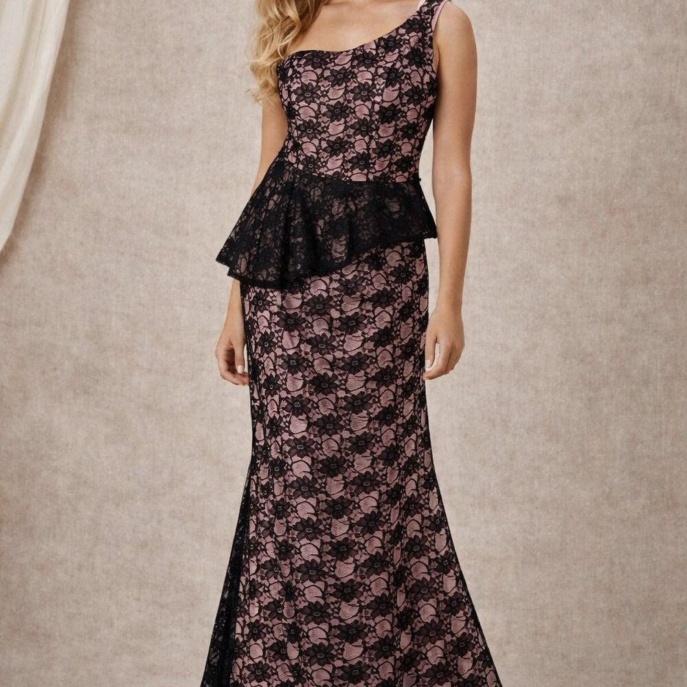 Mori Lee Morilee Madeline Gardner 14 Black Lace Pink‎ One Shoulder Peplum Dress